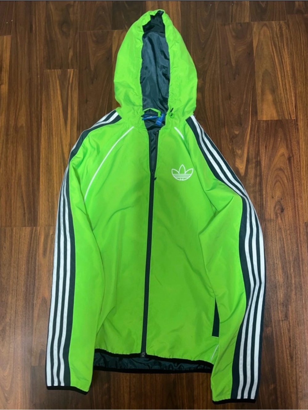 adidas Neon Green Hooded Rain Jacket with Black Stripes